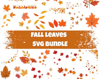 May include: A collection of fall-themed leaf designs in various shades of orange, red, and yellow. The image includes maple leaves, oak leaves, and other leaf shapes, with the text "FALL LEAVES SVG BUNDLE".