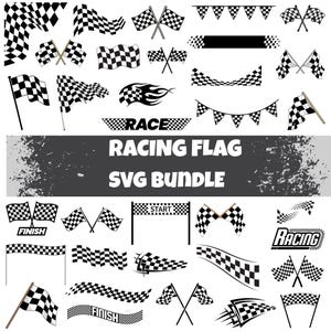 Può includere: Un pacchetto SVG di bandiere da corsa in bianco e nero. L'immagine presenta varie bandiere a scacchi, banner e grafica a tema corse. Include bandiere, linee di arrivo e le parole "RACING FLAG SVG BUNDLE".