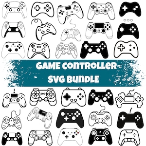 May include: A selection of black and white game controller illustrations. The image features diverse designs, including classic and modern styles, with buttons, joysticks, and directional pads. Text reads "GAME CONTROLLER SVG BUNDLE".