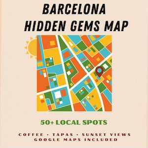May include: A map of Barcelona with the text "BARCELONA HIDDEN GEMS MAP" in black. The map is colorful with orange, yellow, green, and blue sections. The text "50+ LOCAL SPOTS" is below the map, with "COFFEE . TAPAS . SUNSET VIEWS GOOGLE MAPS INCLUDED" below that.