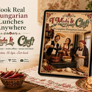 Könnte beinhalten: Ein digitales Tablet zeigt das Cover eines Kochbuchs mit dem Titel I Made It, Chef! für 8 komplette ungarische Mittagessen. Der Bildschirm zeigt eine Küchenszene mit drei Personen. Der Text umfasst 8 Complete Hungarian Lunches.