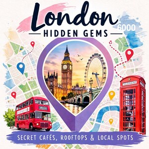 May include: A travel-themed graphic with the text "London Hidden Gems." The image features iconic London landmarks like Big Ben, the London Eye, and a red double-decker bus, set against a map background. The text "Secret Cafés, Rooftops & Local Spots" is also included.