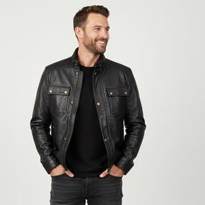 Klassische schwarze Trucker-Lammfell-Truckerjacke für Herren | Vintage Western Hemdkragen Ledermantel