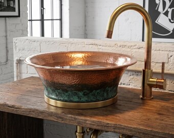 Hammered Copper Vessel Sink with Green Patina | Rustic Bathroom Basin | Handmade Farmhouse Vanity Sink | Industrial Modern Wash Basin