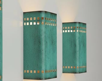 Handmade Copper Wall Sconce, Blue Patina, Cylindrical Up Down Light Fixture