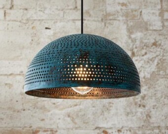 Blue Oxidized Copper  lamp, Pendant Light Fixture, Copper Dining Lampshade, Chandelier Farmhouse Light, Framehouse kitchen island lighting