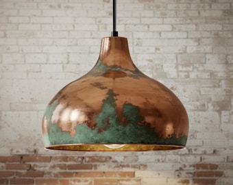 Lámpara colgante de cobre hecha a mano, lámpara de techo marroquí con pátina verde