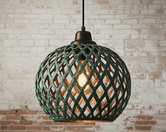 Oxidized copper lamp, Handmade Copper Dome Pendant Light: Green Patina, Rustic Kitchen Island Lighting