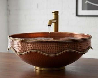 Handmade Hammered Copper Vessel Sink Round Bathroom Basin Rustic Vanity Sink Decorative Edge Artisan Washbasin Farmhouse Decor