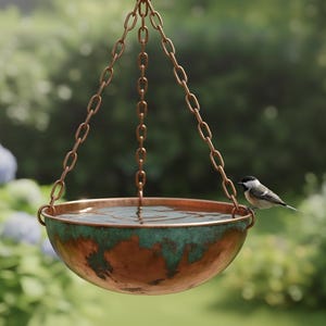 Puede incluir: Un bebedero colgante con un cuenco de color cobre y una pátina de verdín. El cuenco está suspendido por una cadena y lleno de agua. Un pequeño pájaro se posa en el borde. El fondo es una escena de jardín borrosa.