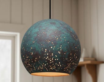 Moroccan Copper Pendant Light, Oxidized Blue-Green Patina, Handmade