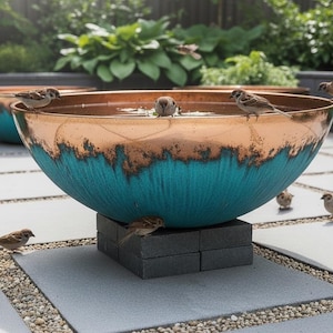 Blue Patina, Handmade Hammered Copper Bird Bath Bowl, Outdoor Water Feature