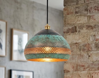 Hand Hammered Copper Dome Pendant Light, Oxidized Green Patina Moroccan Lamp
