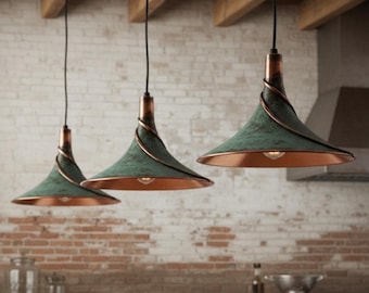 Lámpara colgante de cobre con pátina verde hecha a mano: Iluminación rústica isleña