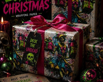 Madisons Merry Undead Mayhem Wrapping Paper | Zombie Christmas Gift Wrap | Gothic Holiday Paper | Pink Grunge Horror | Dark Aesthetic Xmas