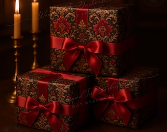 Papel de embrulho natalino escuro e sombrio - Papel de presente gótico preto para as festas de fim de ano | Papel de presente elegante e misterioso