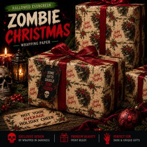 May include: Wrapping paper featuring a repeating pattern of zombie faces wearing holly wreaths and the text Happy Christmas. The paper is tied with a dark red ribbon and includes a black gift tag that reads Some Gifts Should Stay Closed.