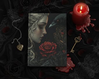 May include: A gothic-themed journal with a woman and raven illustration, a red rose, and the text "Wrapped In Darkness". A red candle, a gold key, and a heart-shaped locket are also present on a black surface.