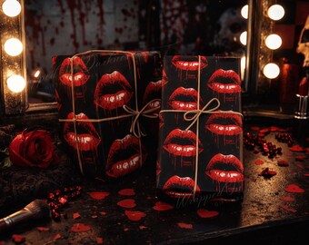 Kiss Me Until It Hurts Wrapping Paper | Gothic Valentine Gift Wrap | Dark Romance Lips Design | Rocky Horror Inspired Paper