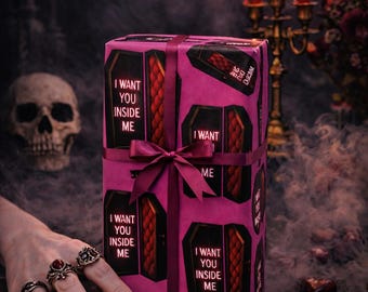 Coffin Lovers Valentines Wrapping Paper | Gothic Valentine Gift Wrap | Dark Romance Horror Valentine Paper
