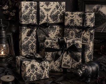 Hutto Hippo Nocturne Wrapping Paper | Goth Hippo Gift Wrap | Victorian Damask Dark Floral | Gothic Animal Print