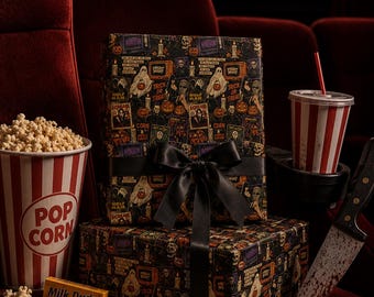 Vintage Horror Halloween Wrapping Paper | Retro Slasher Gift Wrap | Classic Monster Film Collage | Spooky Gothic Halloween