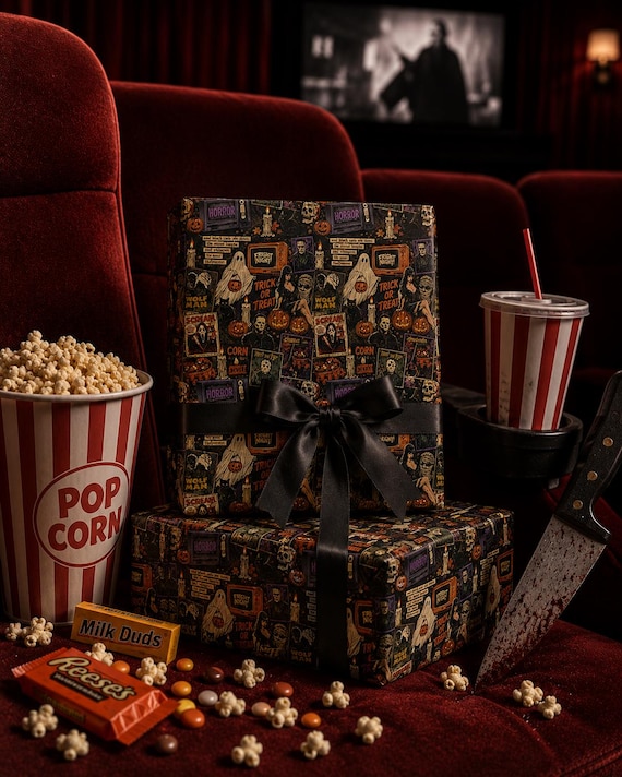Vintage Horror Halloween Wrapping Paper | Retro Slasher Gift Wrap | Classic Monster Film Collage | Spooky Gothic Halloween