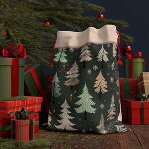 May include: A dark green Christmas gift bag with a repeating pattern of stylized Christmas trees in shades of green, gray, and brown. The bag has a cream-colored top and red drawstring closure. Presents and a Christmas tree are in the background.