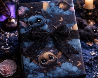 Little Night Fliers Gothic Baby Bat Wrapping Paper, Spooky Cute Shower Gift Wrap, Nocturnal Batty Nursery, Kawaii Goth Baby Gift Wrap