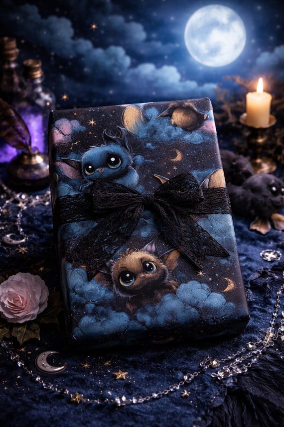 Little Night Fliers Gothic Baby Bat Wrapping Paper, Spooky Cute Shower Gift Wrap, Nocturnal Batty Nursery, Kawaii Goth Baby Gift Wrap