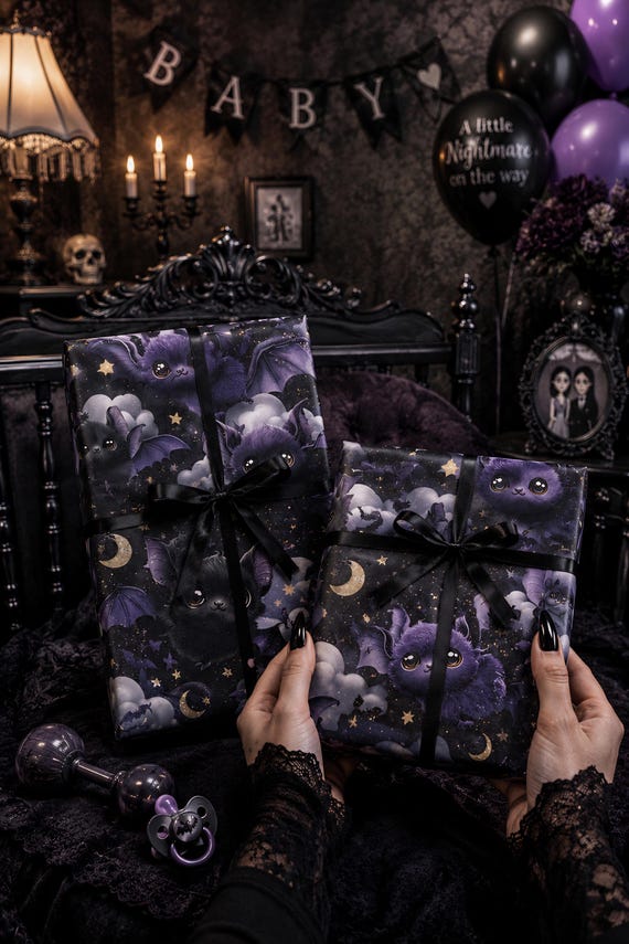 Midnight Snuggles Cute Gothic Baby Bat Wrapping Paper, Purple Black Spooky Cute Gift Wrap, Kawaii Goth Baby Shower Paper, Bat Nursery Wrap