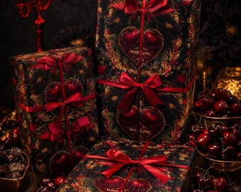 Tied With Devotion - Gothic Valentines Wrapping Paper | Cherry & Bow Dark Romance Gift Wrap | Luxury Vintage Valentine