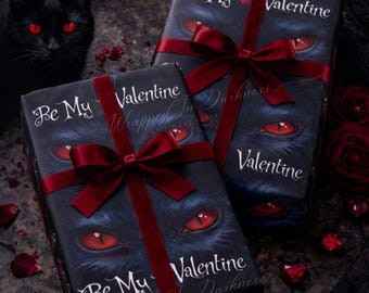 Be My Valentine Gothic Wrapping Paper | Dark Romantic Valentine Gift Wrap | Black Cat Heart Valentine Paper