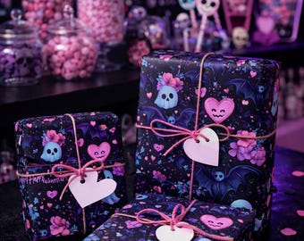 Spooky Little Sweethearts - Cute Gothic Valentine Wrapping Paper | Spooky Pastel Hearts & Bats Gift Wrap