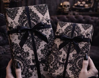 Lullaby in Lace Baby Shower Wrapping Paper, Black Victorian Damask Gift Wrap, Elegant Goth Nursery Paper, Dark Gothic Baby