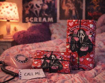 Serial Killer Hotline Wrapping Paper | Goth Valentine Gift Wrap | Dark Humor Valentine | Horror Romance Paper | Black Pink Love Wrap