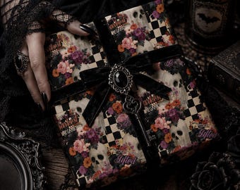 Deadly Little Pleasantries Gothic Wrapping Paper | Skull Floral Gift Wrap | Dark Checkerboard Alternative | All Occasion Goth Gifts