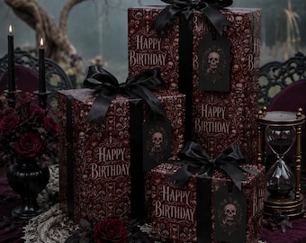 Till Death Do We Celebrate Wrapping Paper | Gothic Birthday Gift Wrap | Victorian Skull and Dark Floral | Poe Inspired Goth Celebration