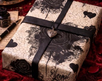 Black Lace Valentine Gothic Wrapping Paper | Gothic Dark Romance Roses Valentines Gift Wrap | Goth Love Aesthetic