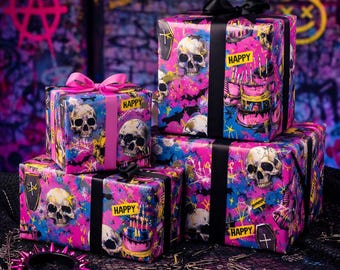 Neon Deathday Riot Wrapping Paper | Gothic Birthday Gift Wrap | Zombie Bday Paper | Punk Horror Goth Alternative Decor