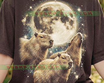 Vintage Capybara Moon Comfort Colors® Tshirt, 90S Graphic Style, Retro Three Capybaras Tee, Funny Animal Lover Gift, Y2K Nature Streetwear