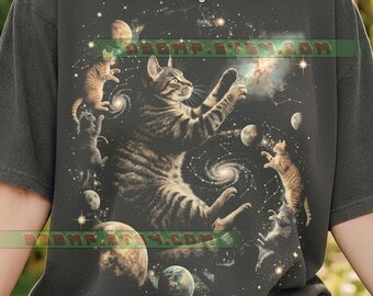 Galaxy Cats Space Kittens Comfort Colors® Tshirt, Cosmic Universe Funny Animal Lover, Retro Vintage Stars Planets Astronomy Gift