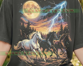 Wild Horses Comfort Colors® Tshirt, Lightning Storm, Full Moon, Running Stallions, Retro Vintage, Nature Wildlife, Animal Lover