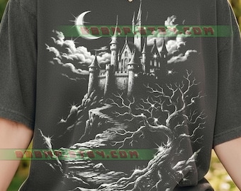 Gothic Castle Spooky Tree Comfort Colors® Tshirt, Crescent Moon Halloween Horror, Dark Fantasy Vintage Art, Witchy Vibes Mystical Night