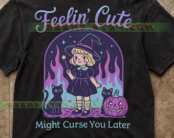 Camiseta "Me siento linda, podría maldecirte después", Bruja de Halloween estilo retro, Camiseta de bruja linda, Camiseta vintage de Halloween