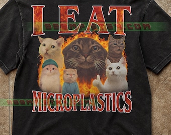 I Eat Microplastik Katzen T-Shirt, Lustiges Katzen Shirt Feuer Grafik, Statement T-Shirt Vintage Ästhetik, Umwelt Humor