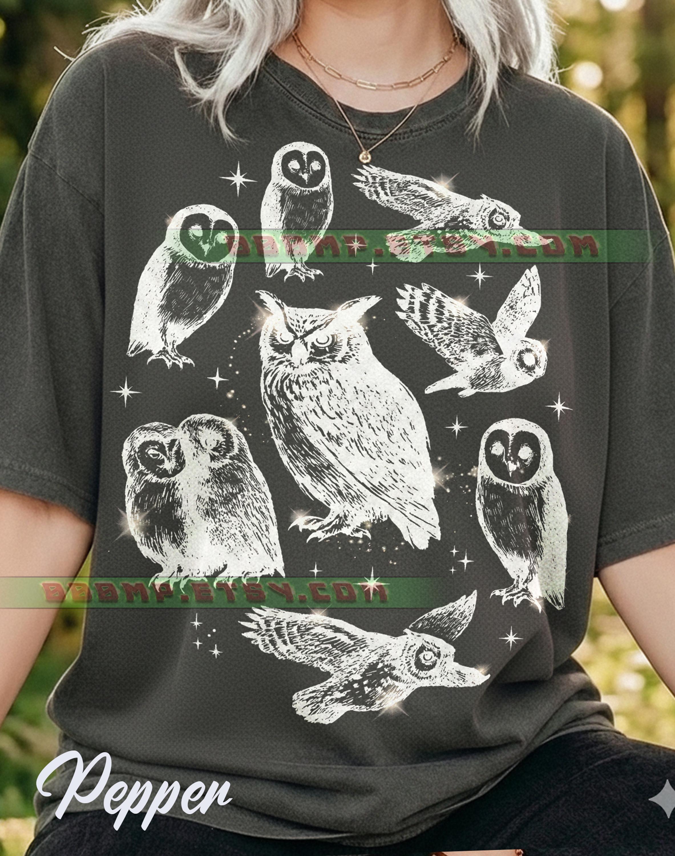 Owls Vintage Birds Comfort Colors® Tshirt, Nocturnal Wildlife, Celestial Nature, Barn Owl, Night