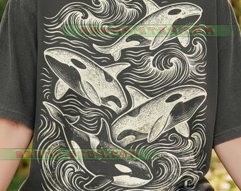 Orca Killer Whale Comfort Colors® Tshirt, Ocean Sea Life, Retro Vintage Nature, Wildlife Marine Animals, Underwater Waves, Swimming