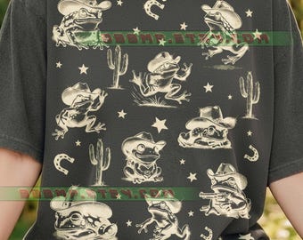 Cowboy Frog Western Toad Comfort Colors® Tshirt, Wild West Yeehaw, Country Rodeo, Cactus Horseshoe, Vintage Retro Funny Animal