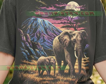 Elephant Family Comfort Colors® Tshirt, African Safari Wildlife Nature, Retro Vintage Sunset, Kilimanjaro Moon Savanna Animals